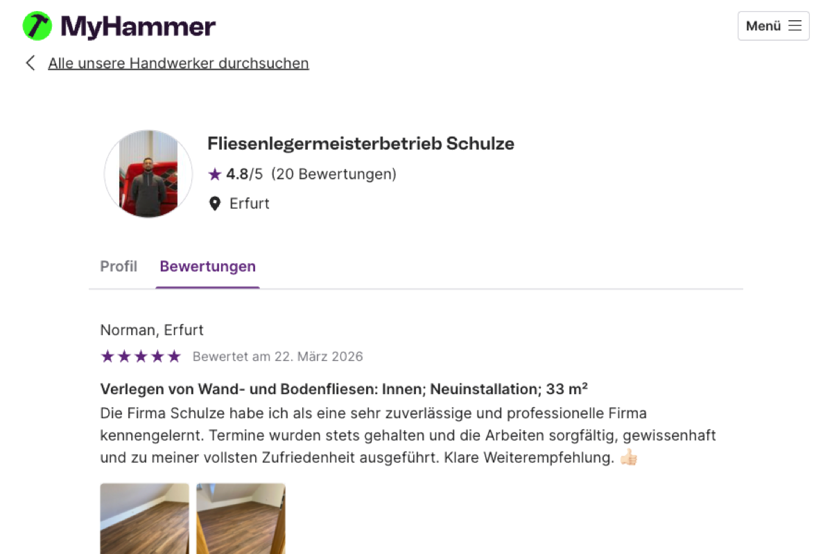 Ausschnitt der MyHammer-Bewertungsübersicht des Fliesenlegermeisterbetriebs Schulze